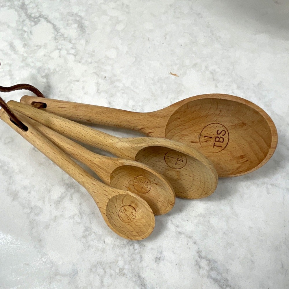Wood Measuring Spoons Set 4-Piece Brown Round w/ Handles Measurement Markings